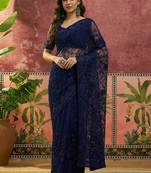 Navy blue embroidered sarees with unstitched blouse piece