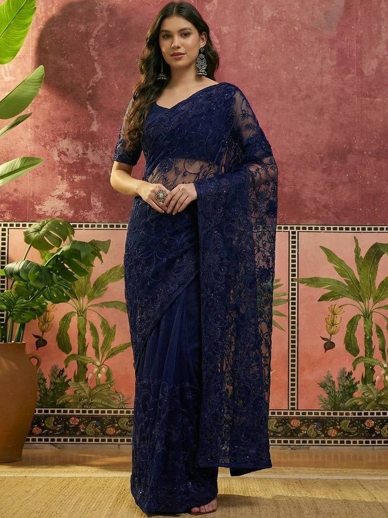 Navy blue embroidered sarees with unstitched blouse piece