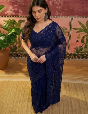 Navy blue embroidered sarees with unstitched blouse piece 2