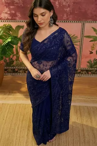 Navy blue embroidered sarees with unstitched blouse piece