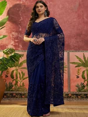 Navy blue embroidered sarees with unstitched blouse piece 3