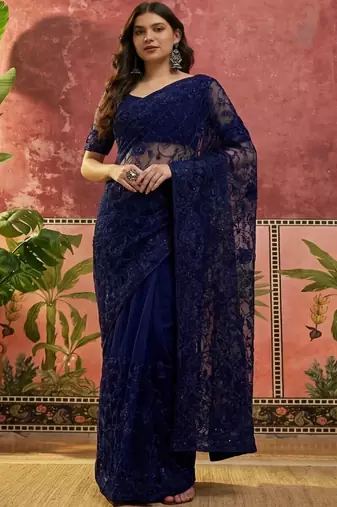Navy blue embroidered sarees with unstitched blouse piece