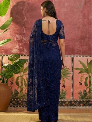 Navy blue embroidered sarees with unstitched blouse piece 4