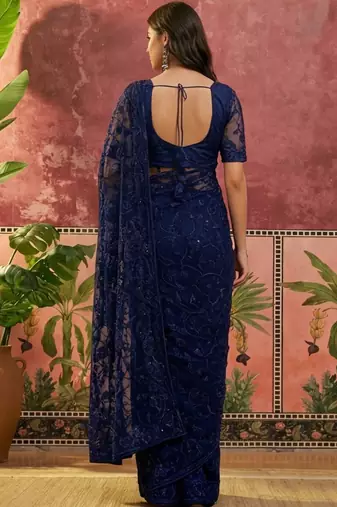 Navy blue embroidered sarees with unstitched blouse piece