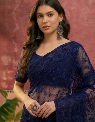 Navy blue embroidered sarees with unstitched blouse piece 5