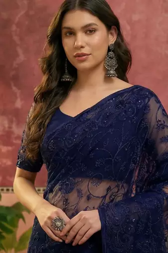 Navy blue embroidered sarees with unstitched blouse piece