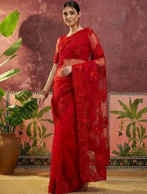 Red embroidered sarees with unstitched blouse piece 1