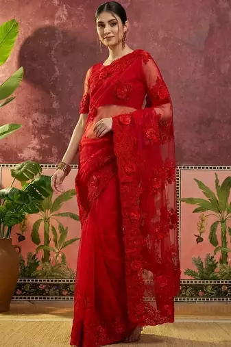 Red embroidered sarees with unstitched blouse piece