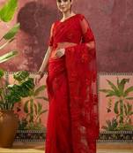 Red embroidered sarees with unstitched blouse piece