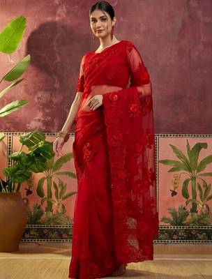 Red embroidered sarees with unstitched blouse piece 2