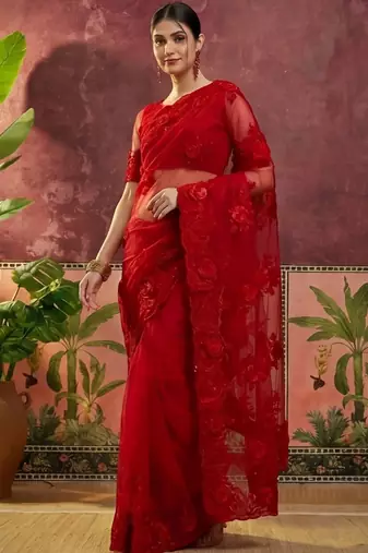 Red embroidered sarees with unstitched blouse piece