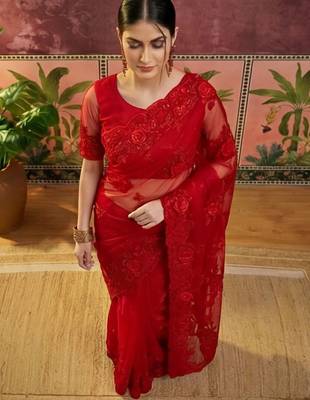 Red embroidered sarees with unstitched blouse piece 3