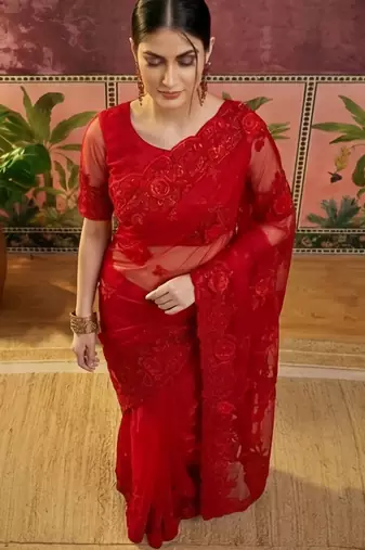 Red embroidered sarees with unstitched blouse piece