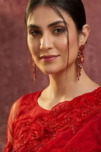 Red embroidered sarees with unstitched blouse piece