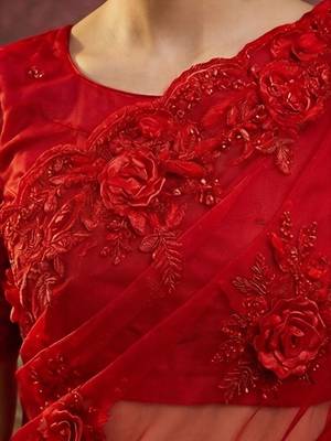 Red embroidered sarees with unstitched blouse piece 5