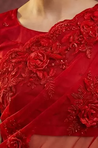 Red embroidered sarees with unstitched blouse piece