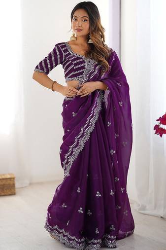 Purple tissue silk sequin embroideried blouse piece & sarees