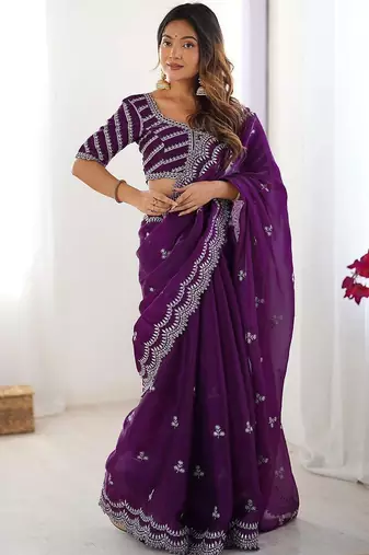 Purple tissue silk sequin embroideried blouse piece & sarees