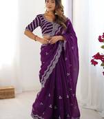 Purple tissue silk sequin embroideried blouse piece & sarees