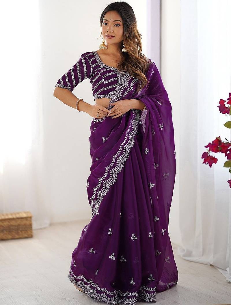Purple tissue silk sequin embroideried blouse piece & sarees