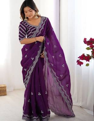 Purple tissue silk sequin embroideried blouse piece & sarees 2