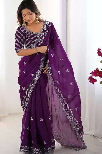 Purple tissue silk sequin embroideried blouse piece & sarees