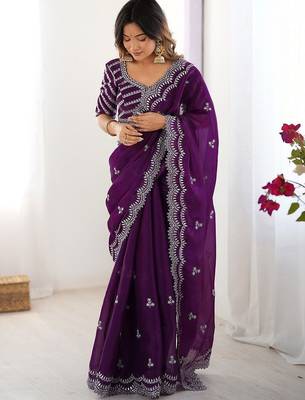 Purple tissue silk sequin embroideried blouse piece & sarees 3