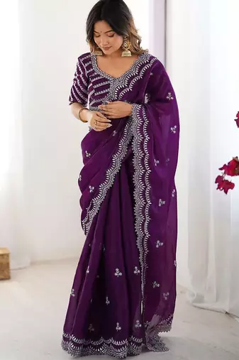 Purple tissue silk sequin embroideried blouse piece & sarees