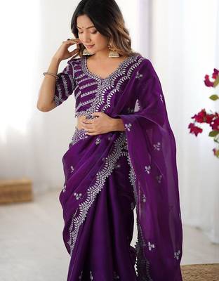 Purple tissue silk sequin embroideried blouse piece & sarees 4