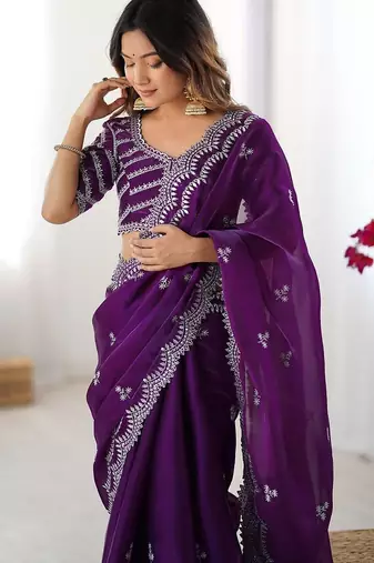 Purple tissue silk sequin embroideried blouse piece & sarees