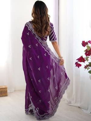 Purple tissue silk sequin embroideried blouse piece & sarees 5