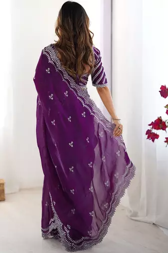 Purple tissue silk sequin embroideried blouse piece & sarees