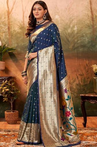 Navy blue woven design zari weaving paithani saree with unstitched blouse