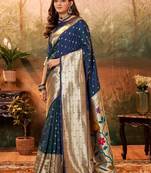 Navy blue woven design zari weaving paithani saree with unstitched blouse