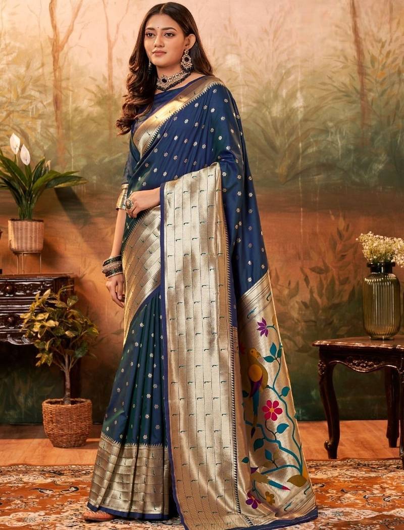Navy blue woven design zari weaving paithani saree with unstitched blouse