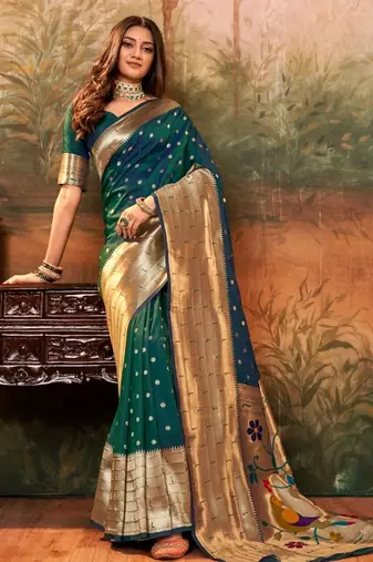 Green woven design zari weaving paithani saree with unstitched blouse