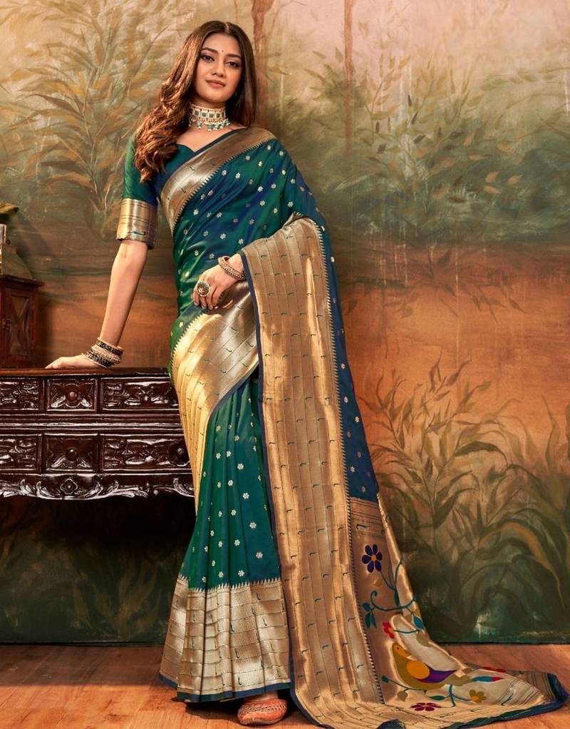 Green woven design zari weaving paithani saree with unstitched blouse