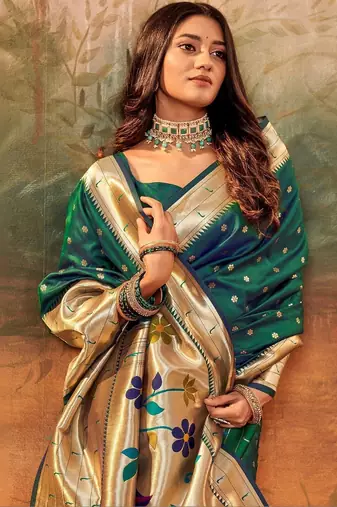 Green woven design zari weaving paithani saree with unstitched blouse