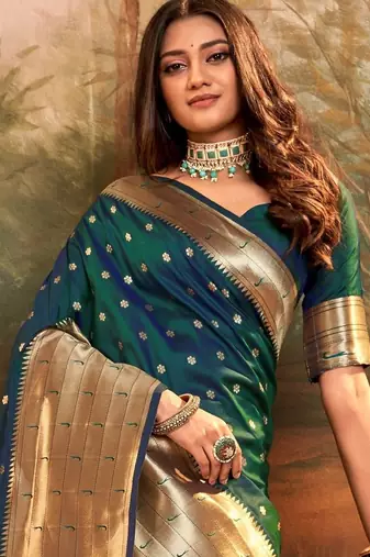 Green woven design zari weaving paithani saree with unstitched blouse