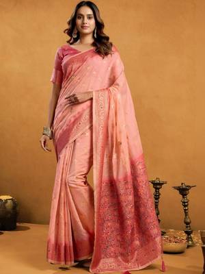 Peach woven design  cotton saree with unstiched blouse 1