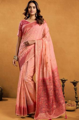 Peach woven design  cotton saree with unstiched blouse