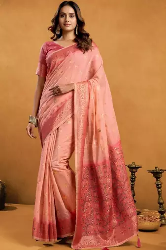 Peach woven design  cotton saree with unstiched blouse