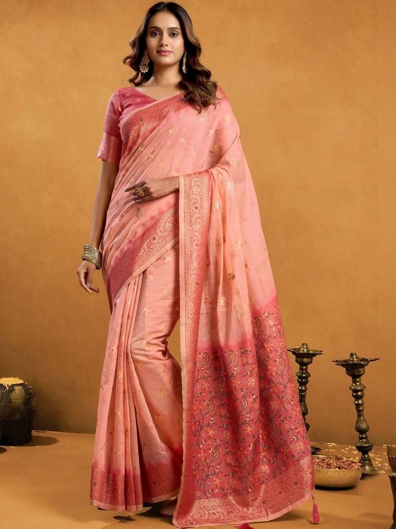 Peach woven design  cotton saree with unstiched blouse