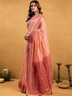 Peach woven design  cotton saree with unstiched blouse 2