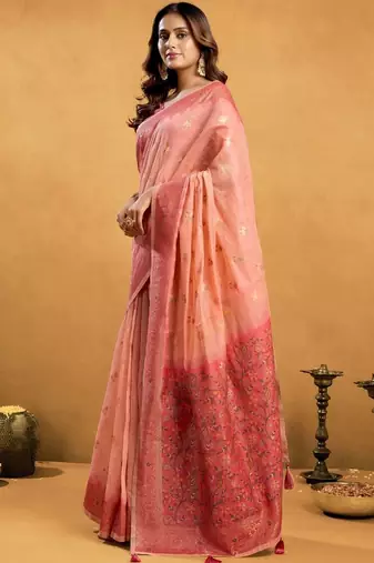 Peach woven design  cotton saree with unstiched blouse