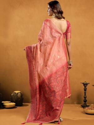 Peach woven design  cotton saree with unstiched blouse 3
