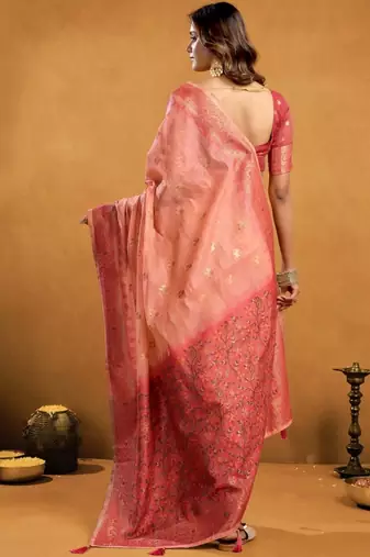 Peach woven design  cotton saree with unstiched blouse