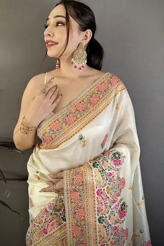 Off white woven design silk blend handloom jamdani saree