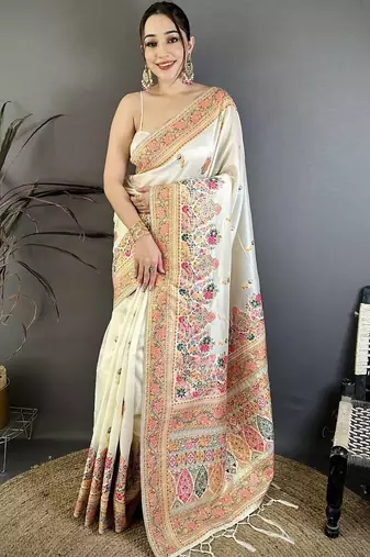 Off white woven design silk blend handloom jamdani saree