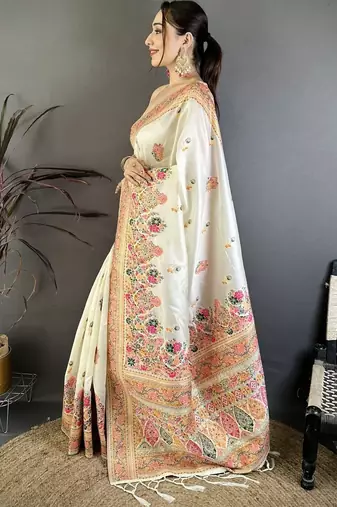 Off white woven design silk blend handloom jamdani saree